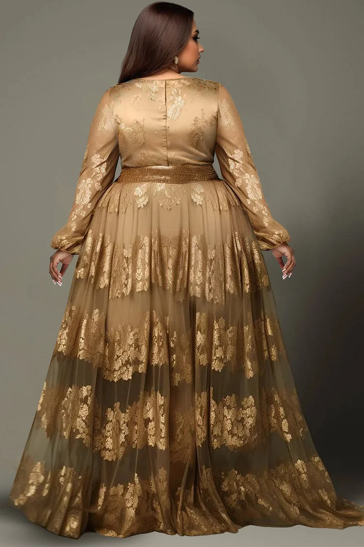 Xpluswear Design Plus Size Formal Gold V Neck Puff Sleeve Long Sleeve See Through Lace Maxi Dresses [Pre-Order]