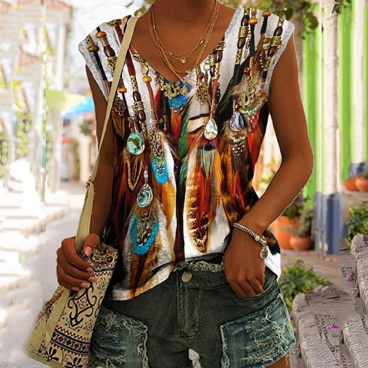 Western Tribal Feather Printed Tank Top