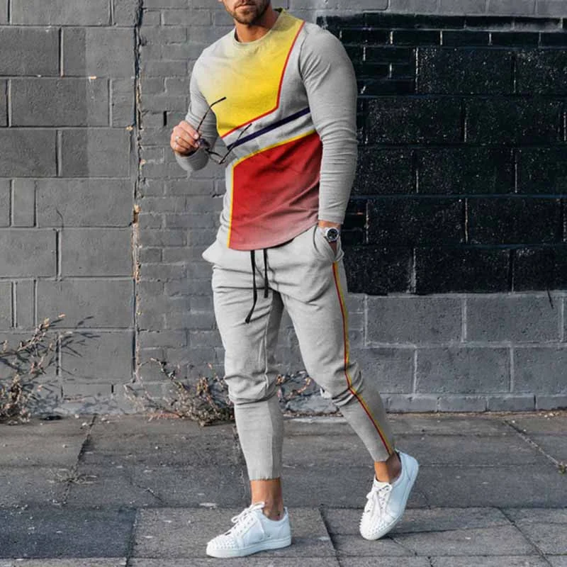 Casual Contrast Color Gradient Long Sleeve T-Shirt And Pants