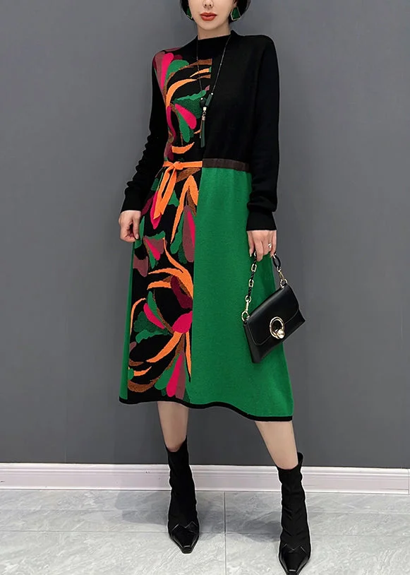 Boutique Green O-Neck Print Patchwork Tie Waist Knit Long Dress Fall