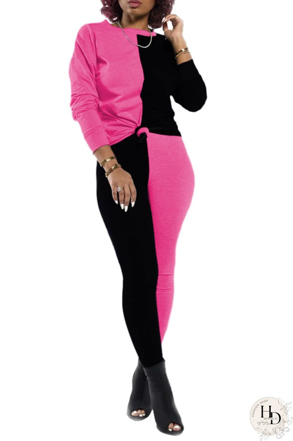 rose red and blue Polyester Sexy Patchwork Solid pencil Long Sleeve Two Pieces