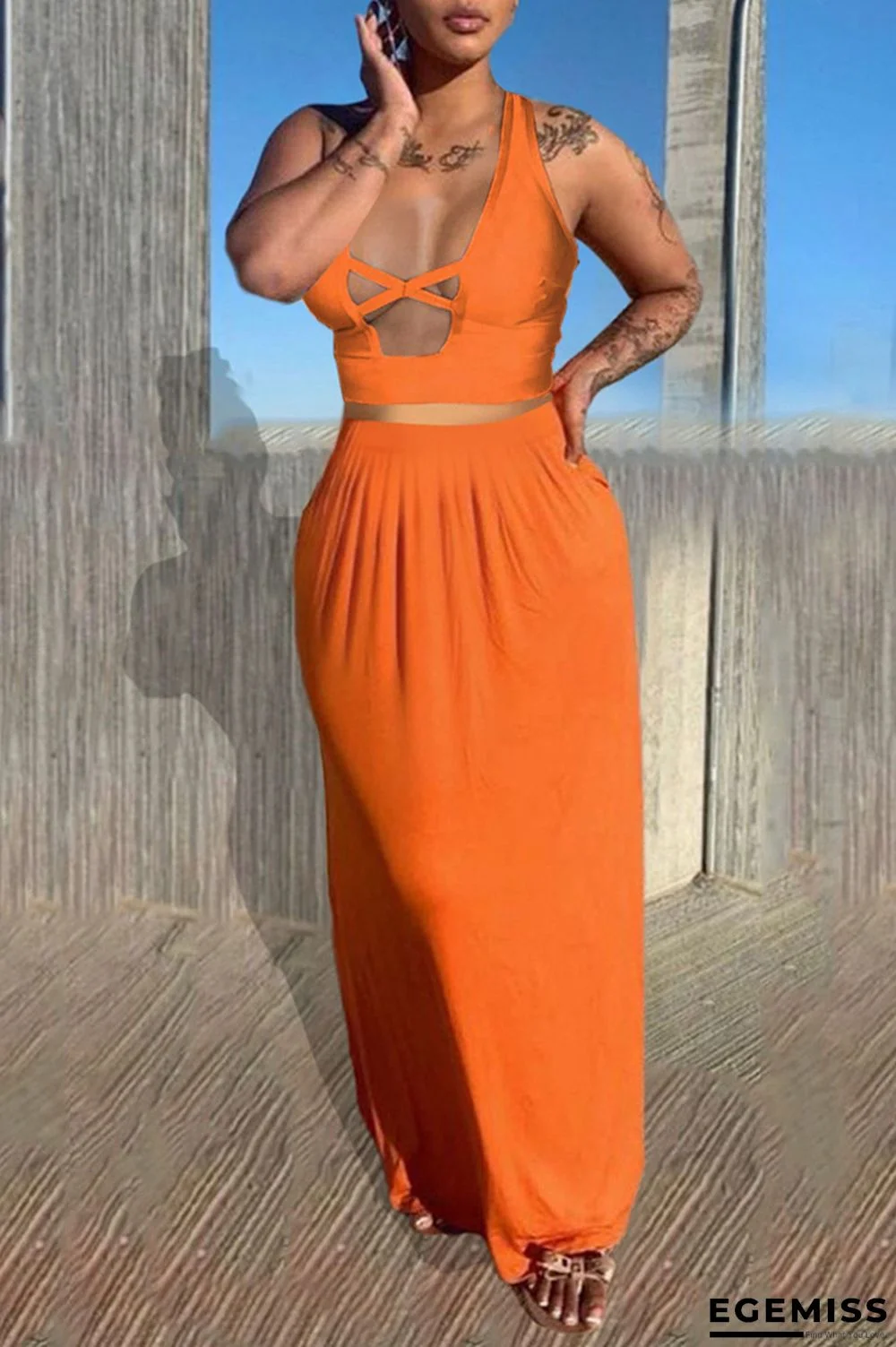 Orange Sexy Casual Solid Hollowed Out Backless Halter Sleeveless Two Pieces | EGEMISS