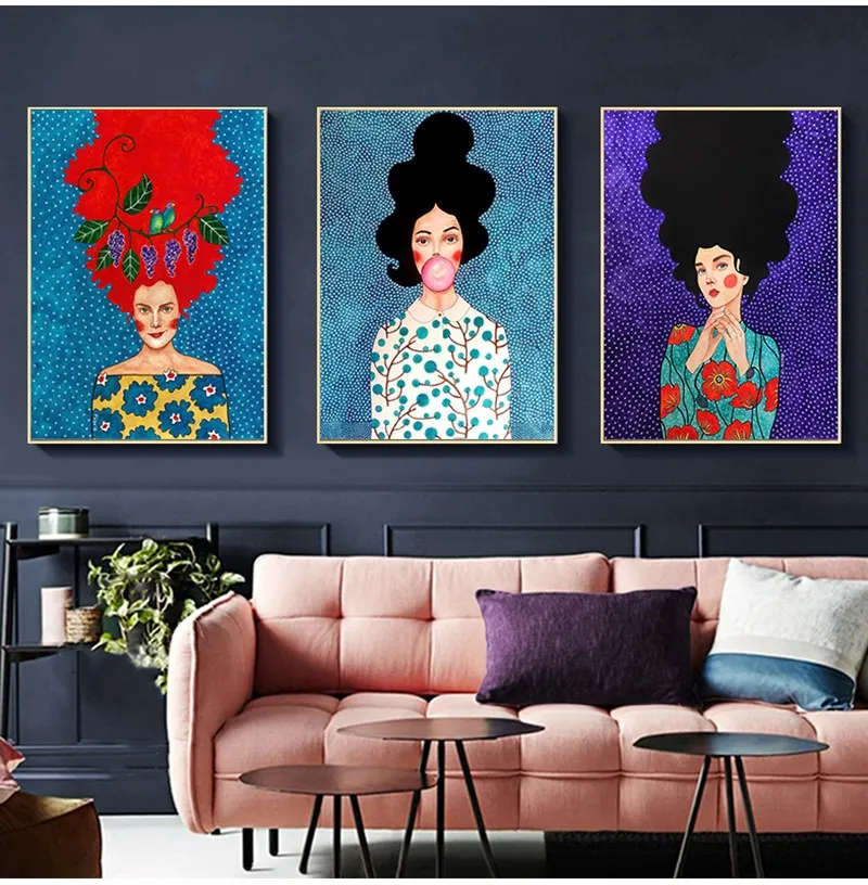 Vintage Abstract Girl Hair Flower Women Wall Art Canvas Painting Fashion Nordic Poster Wall Pictures For Living Room Unframed