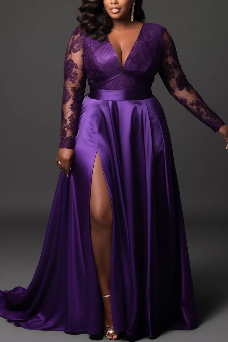 Xpluswear Design Plus Size Formal Purple V Neck Long Sleeve Split See Through Lace Satin Maxi Dresses