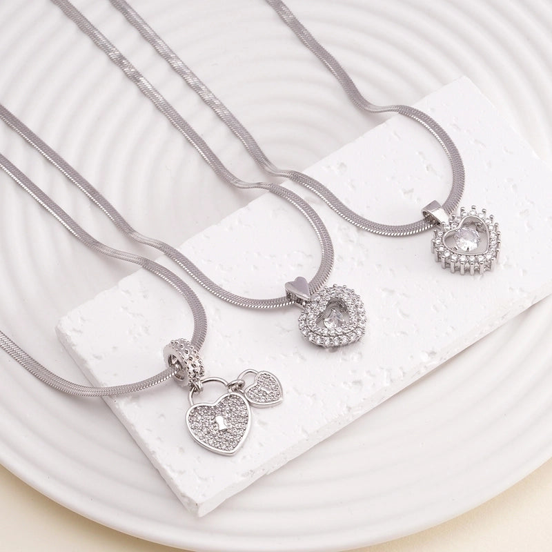 Elegant Classic Style Heart Shape Lock 304 Stainless Steel Copper Zircon Pendant Necklace