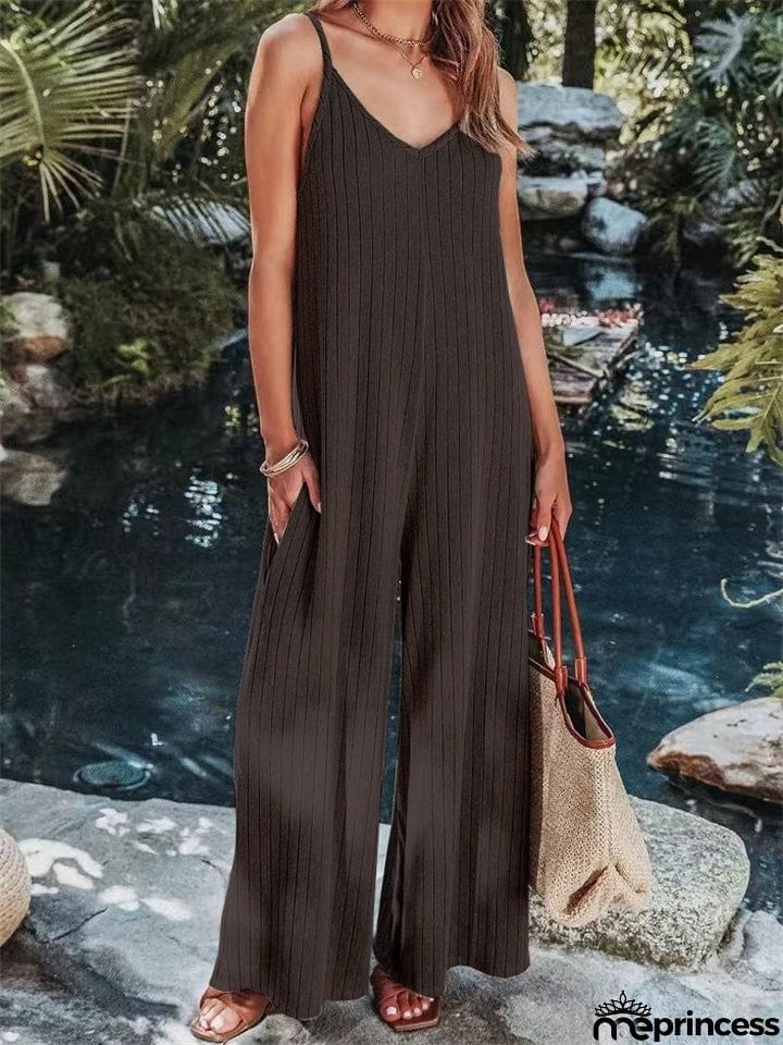 Vacation V Neck Backless Elegant Straight Leg Jumpsuit for Lady