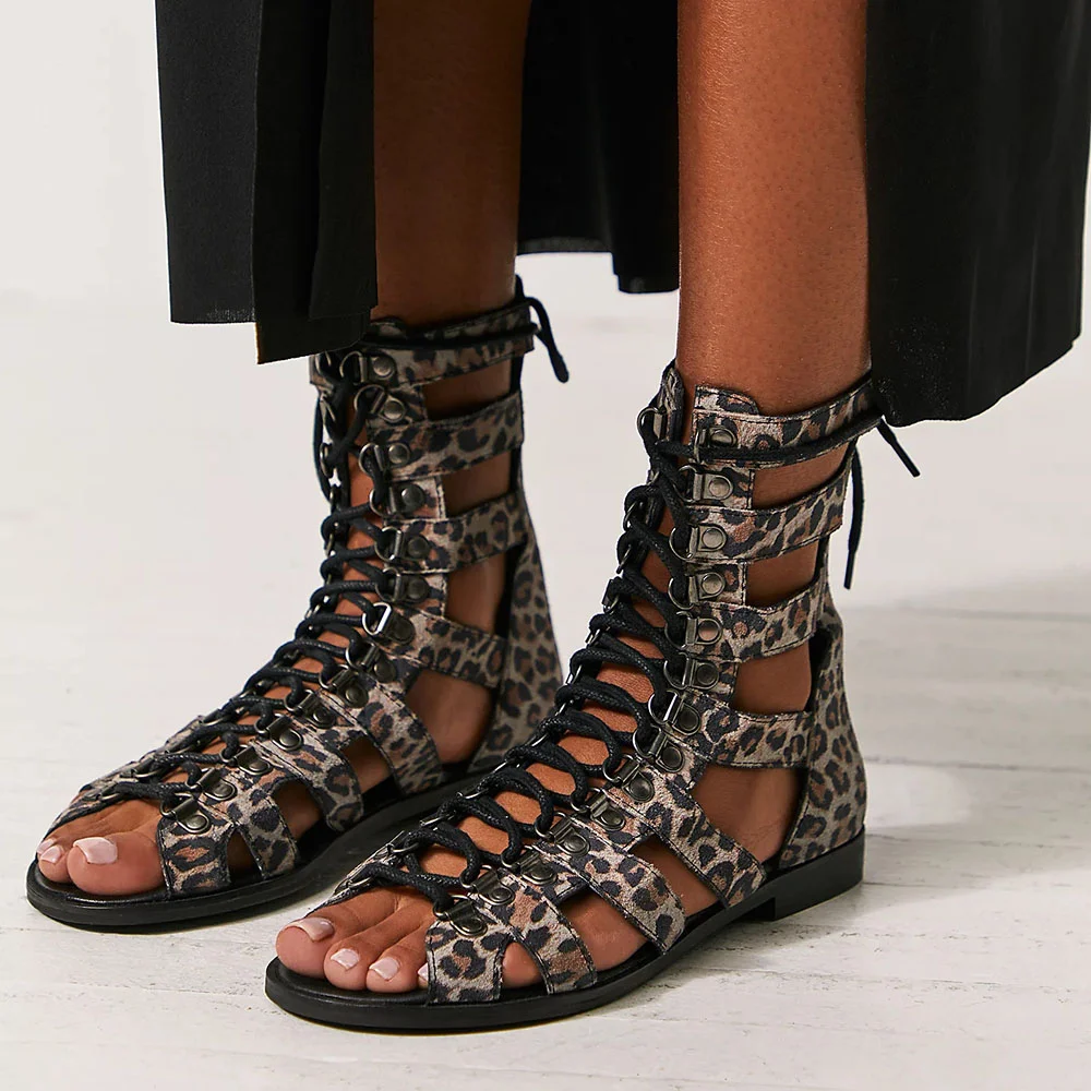 Khaki Leopard Print Lace-Up Back Zipped Flat Gladiator Sandals