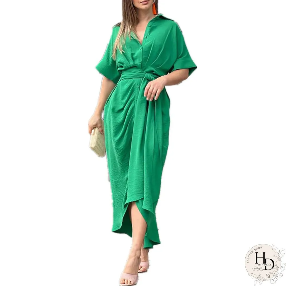 Lapel Mid Length Short Sleeve Single Breasted High Waist Shirt Dress