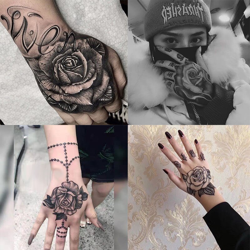 4PCS Hand Flower Rose Fake Tattoo Stickers For Women Men Waterproof Temporary Tatto Body Art