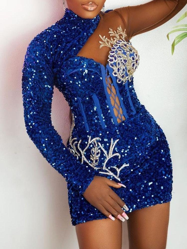 Fashion one-shoulder blue sequined mini evening dress