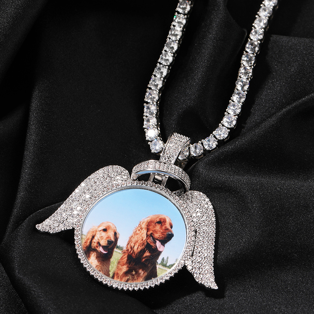 Custom Photo Creative Angel Wings Round Ring Silver Pendants