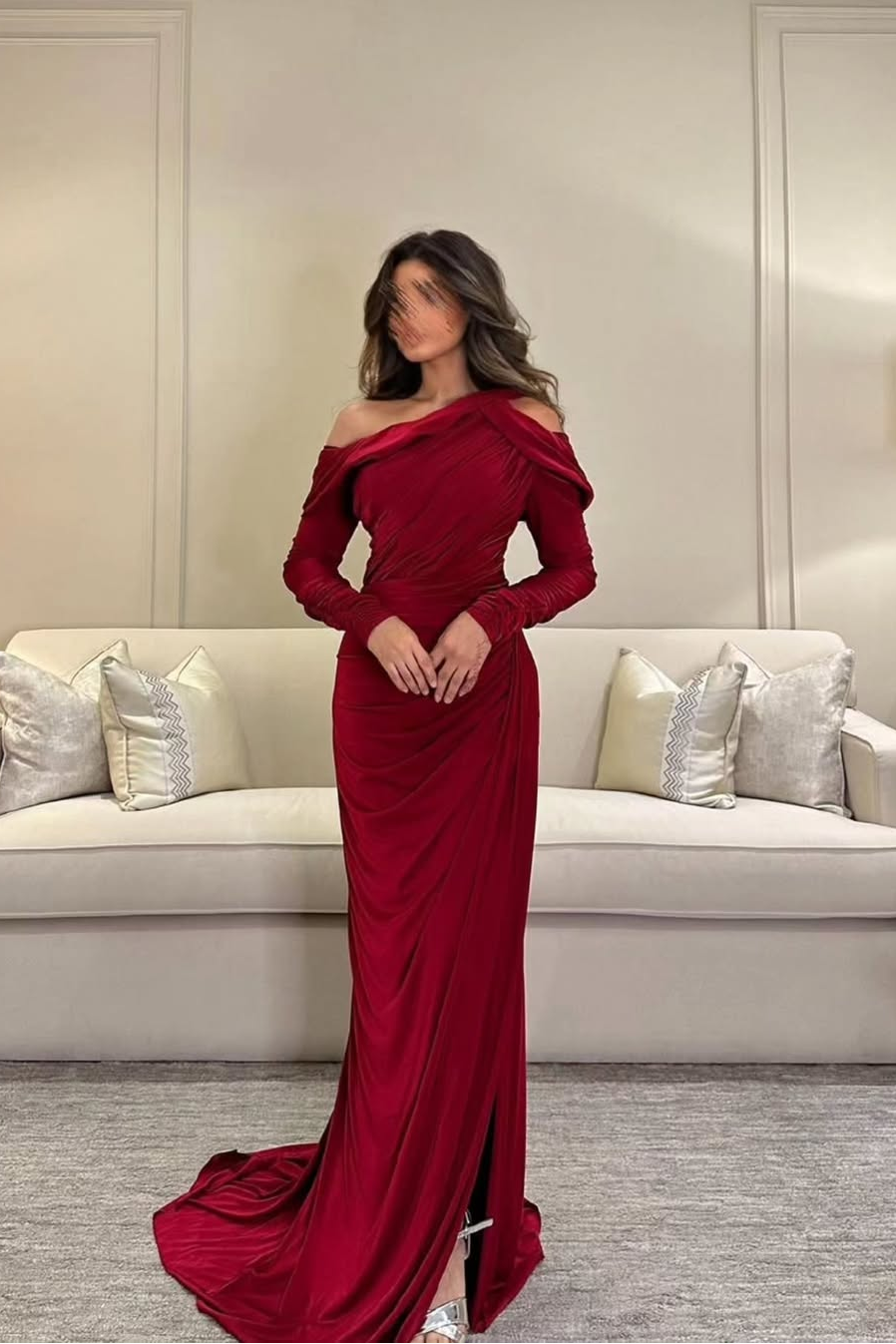 Lvs&Broner Off the Shoulder Long Sleeves Split Long Prom Dress With Pleated 