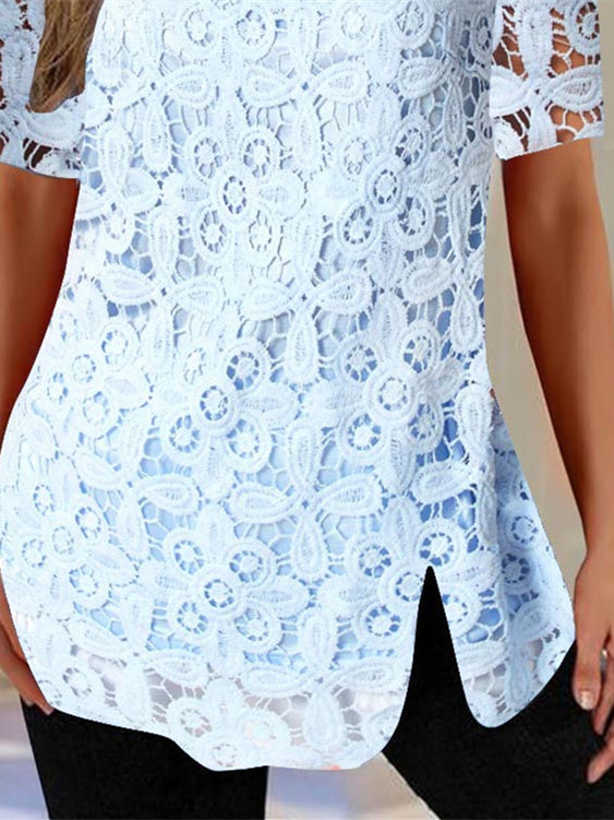 Women Short Sleeve Scoop Neck Lace Tops
