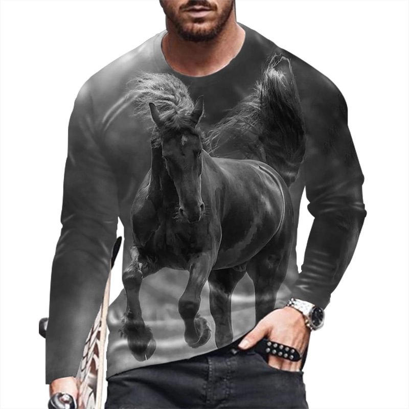 Horse Pattern Loose Crew Neck Men's Long-sleeved T-shirts-VESSFUL