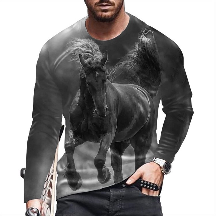 Horse Pattern Loose O-Neck Men's Long-sleeved T-shirts