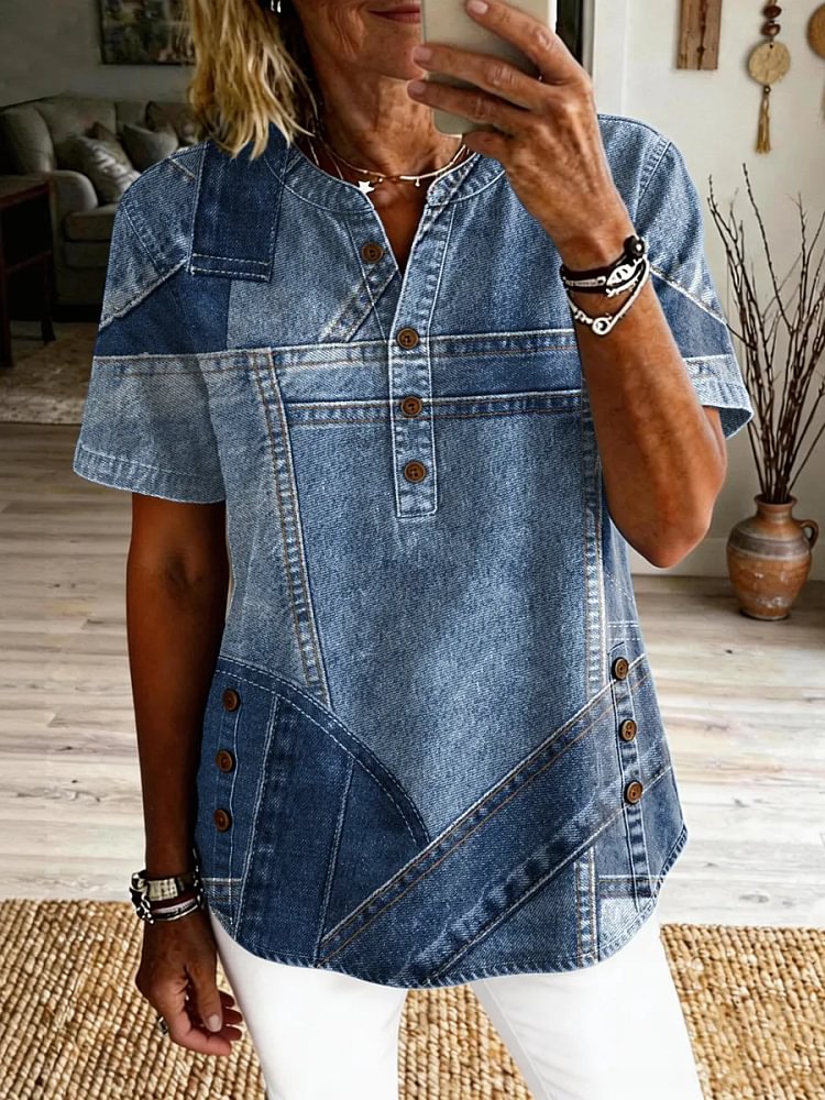Women's Patchwork Pattern Art Print Casual Short-sleeve Washed Cotton Denim Shirt