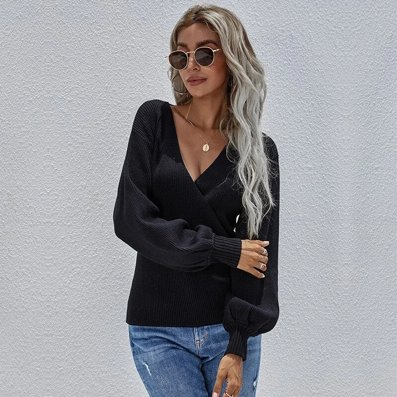 PENERAN New Fashion Solid Color Women Sweaters Sexy V Neck Cross Front Knit Ribbed Sweater Slim Fit Jumper Streetwear Pullover