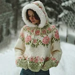 Women's Bohemian Style Pink Rose Art Warm Hooded Knitted Sweater - Image 2