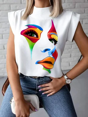 Image of Original Casual High-Neck Cap Sleeves Face Printed T-Shirt Top