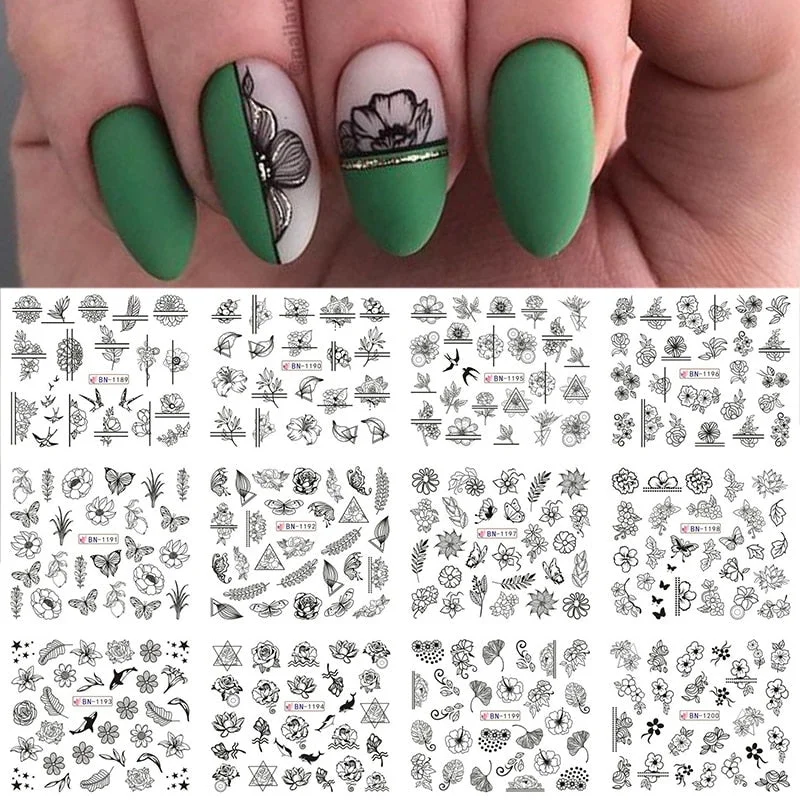 Harunouta 12pcs Simple Green Theme Water Decal Sticker Flower Leaf Tree Spring DIY Slider For Manicuring Nail Art Watermarks