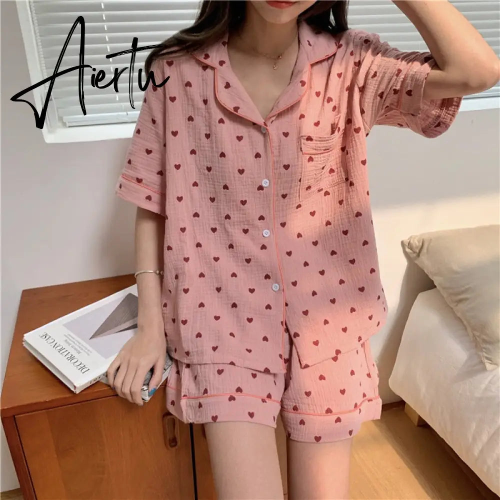 Lovely Heart Print Summer Pajamas Set Women Single Breasted Shirts + Shorts Set Two Piece Home Suit Cotton Sweet Kawaii Aiertu