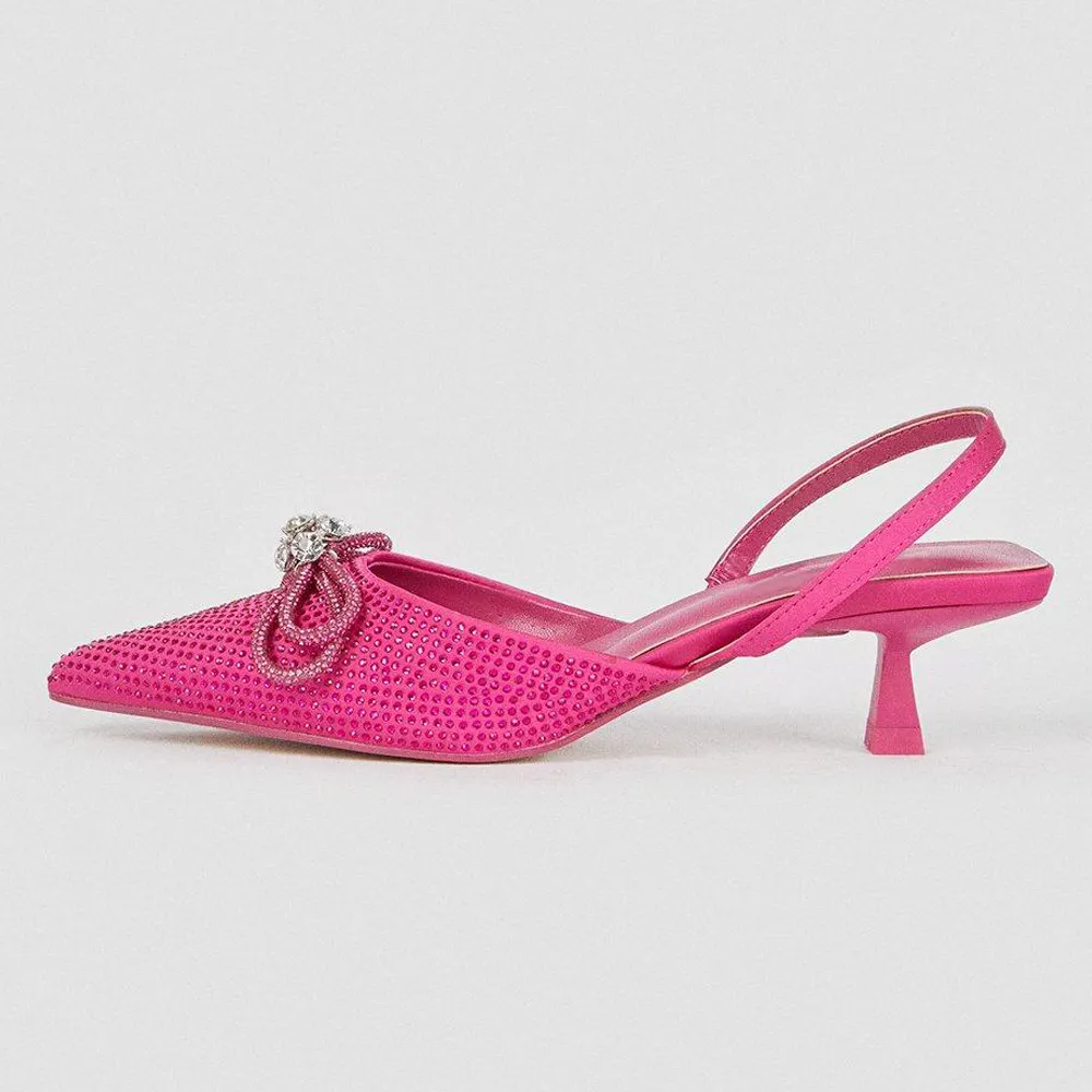 Pink Satin Closed Toe Kitten Heel Slingback Pumps with Bow