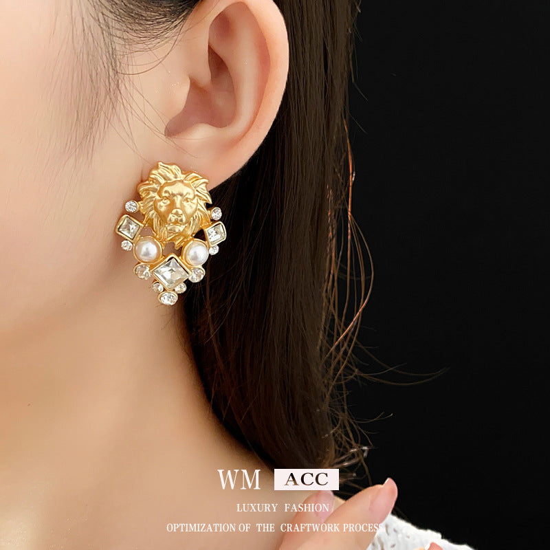 Luxurious Zodiac Sign Rhombus Geometric Chinese Zodiac Animal Artificial Pearl Diamond Inlay Earrings