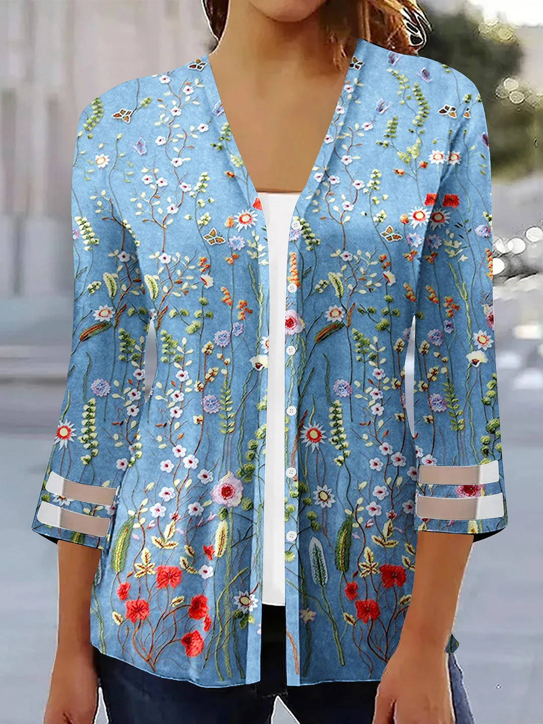Women plus size clothing Women's 3/4 Sleeve V-neck Floral Printed Cardigan Top-Nordswear
