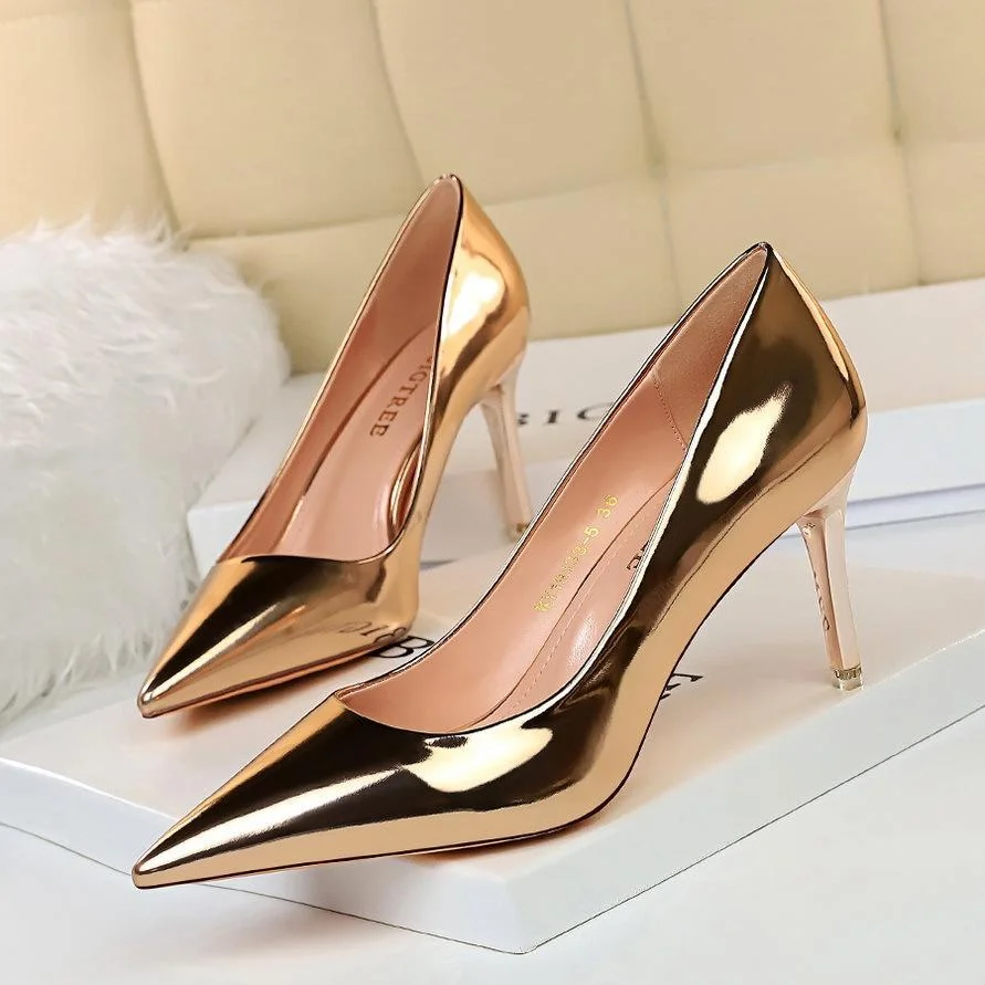 Fashion sexy shallow mouth pointed metal high-heeled shoes