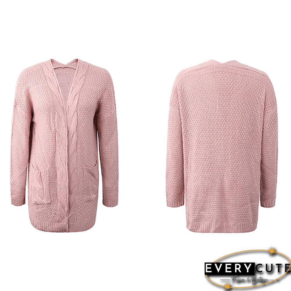 Pink Cable Knit Long Cardigan with Pocket