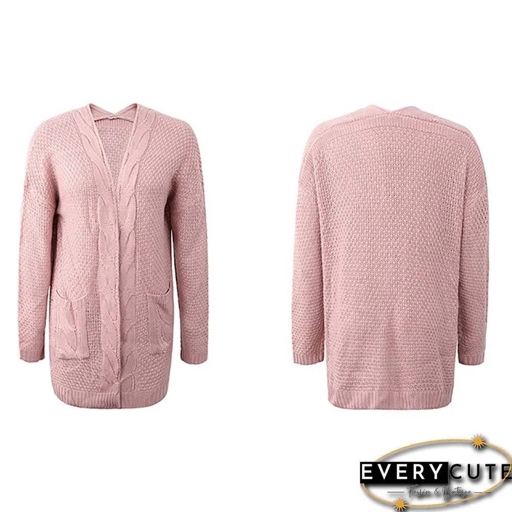 Pink Cable Knit Long Cardigan with Pocket