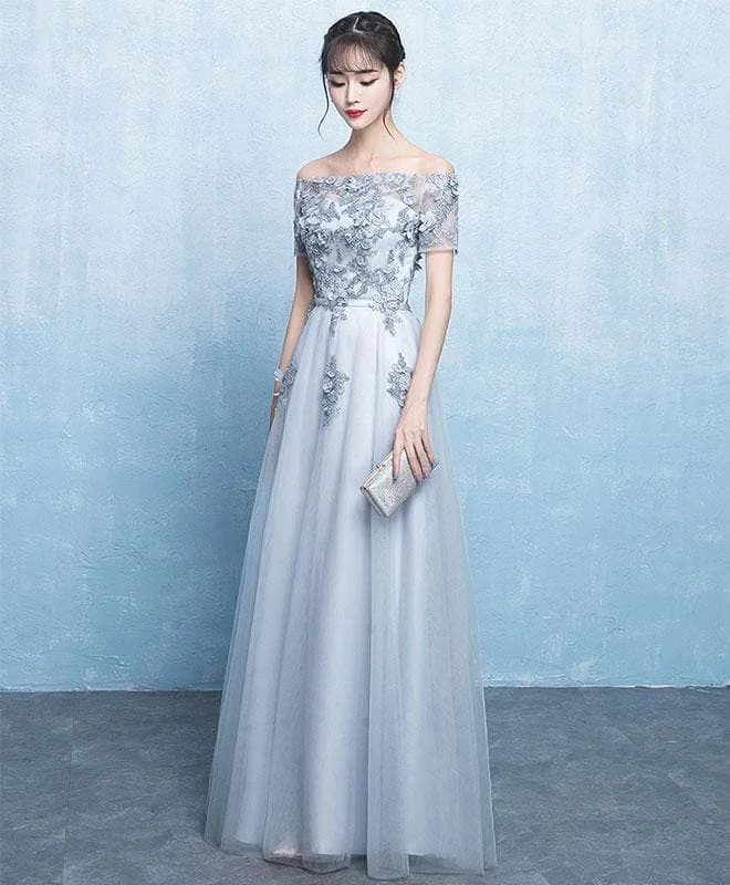 Gray Tulle A Line Long Prom Dress, Gray Evening Dress