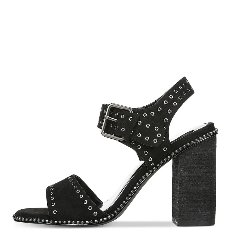 TAAFO Black High Square Heels Sandals Peep Toe Woman Lady Metallic Grommet Detail Buckle Shoes