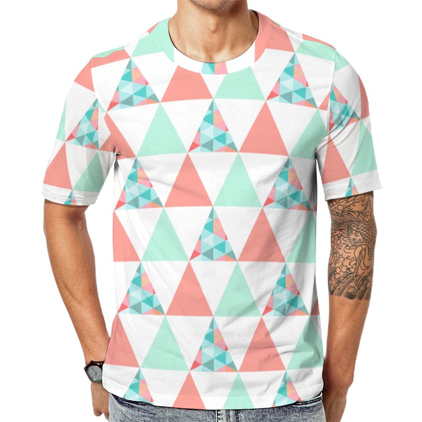 Geometric Triangles Mint Green Coral Pink Short Sleeve Print Unisex Tshirt Summer Casual Tees for Men and Women Coolcoshirts