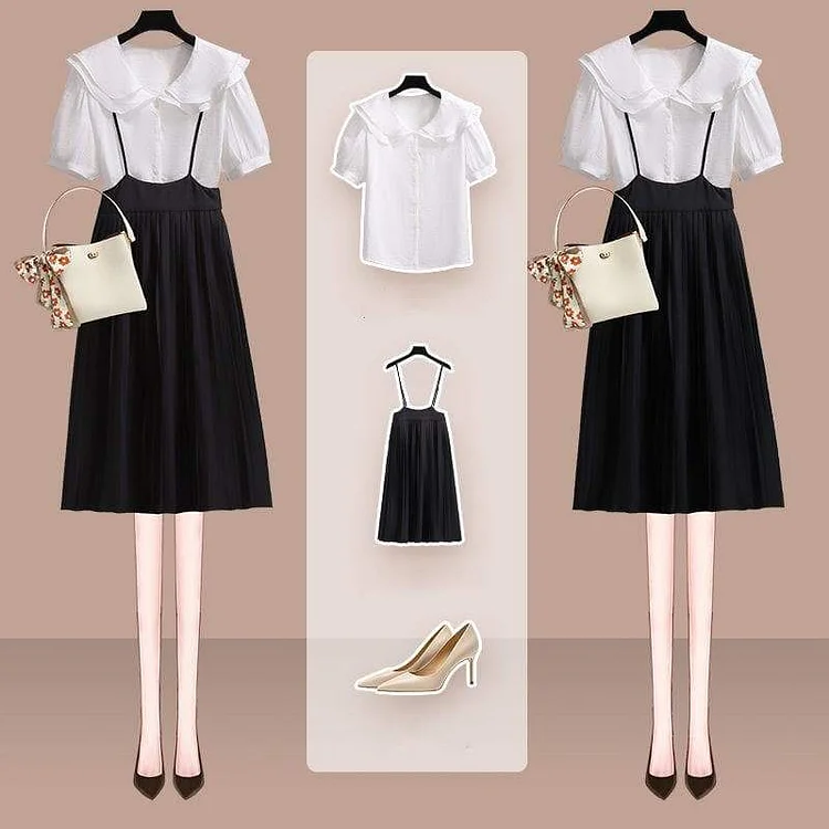Elengant White Loose Blouse Black Straps Dress SS1298