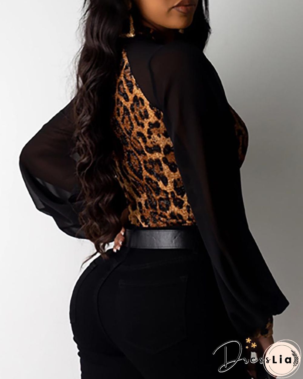 Leopard Mesh Long Sleeve Casual Blouse