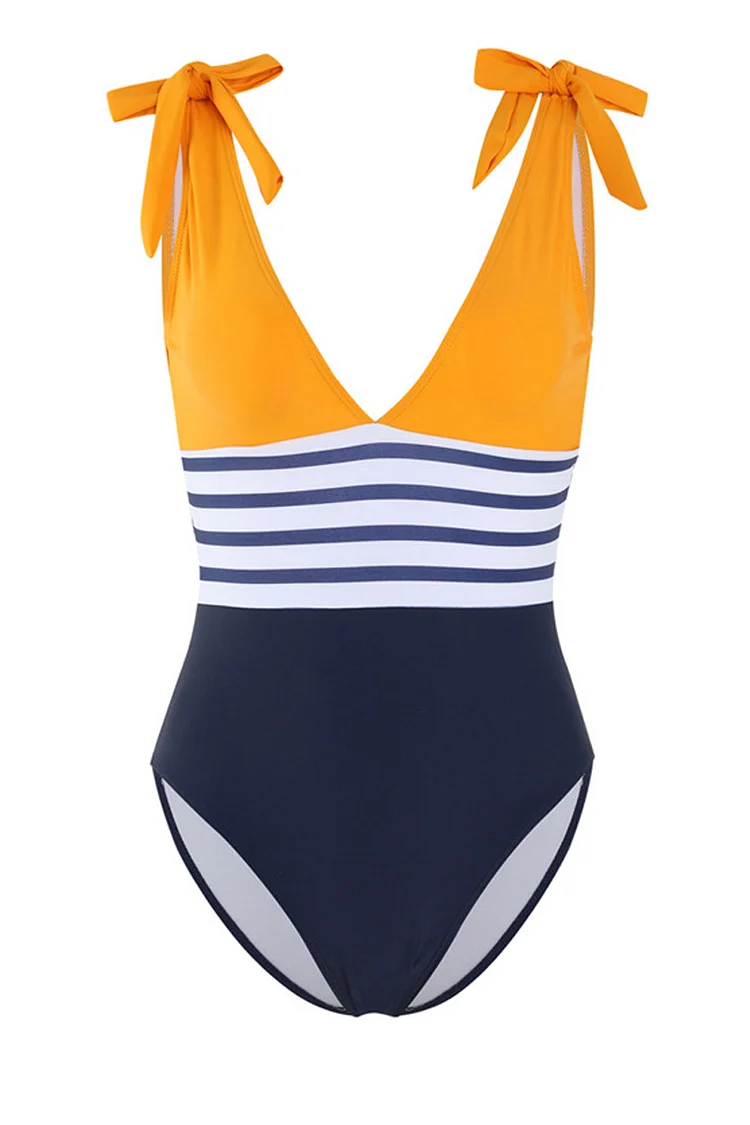 1950s Yellow Vacation Striped Colorblock One Piece Swimsuit