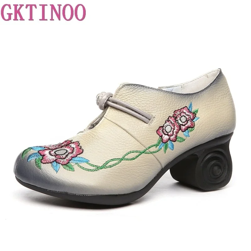 GKTINOO Women Embroidery Pumps Grey Lady 6CM High Heels Shoes Handmade Women Genuine Leather Pumps Autumn Shoes 117