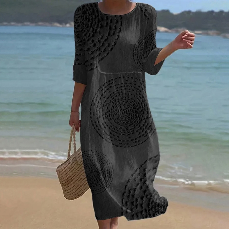 Comstylish Vintage Patchwork Art Pattern Linen Blend Loose Three-quarter Sleeve Dress