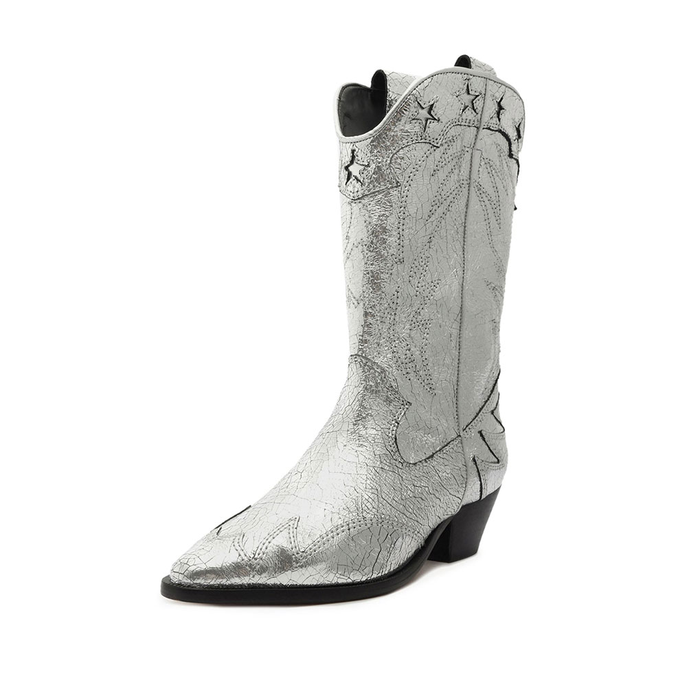 Silver Metallic Distressed Star Inlay Stitching Mid-Calf Cowgirl Boots Nicepairs