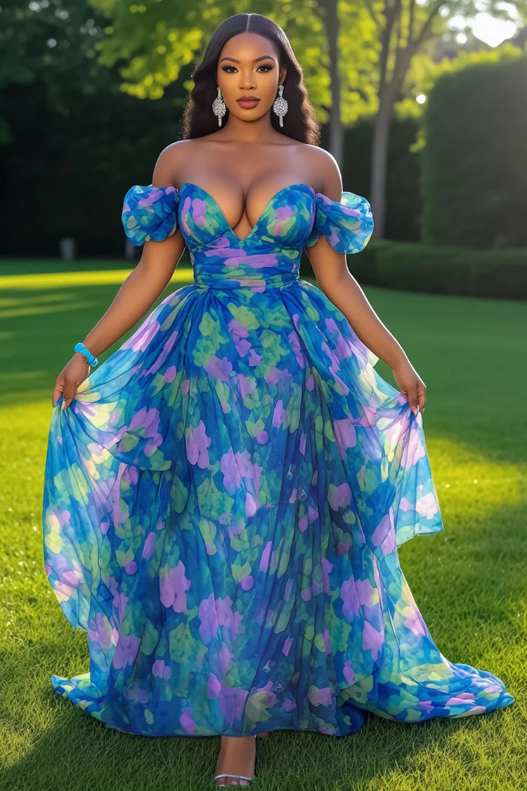 Off Shoulder Notched Neck Floral Mesh Vacation Maxi Dresses-Blue [Pre Order]