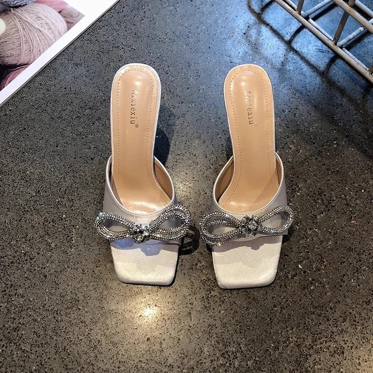 Tanguoant Tanguoant Women's Shoes 2024 Summer New One-Line Bow High With Cool Drag Thin Heel Slippers