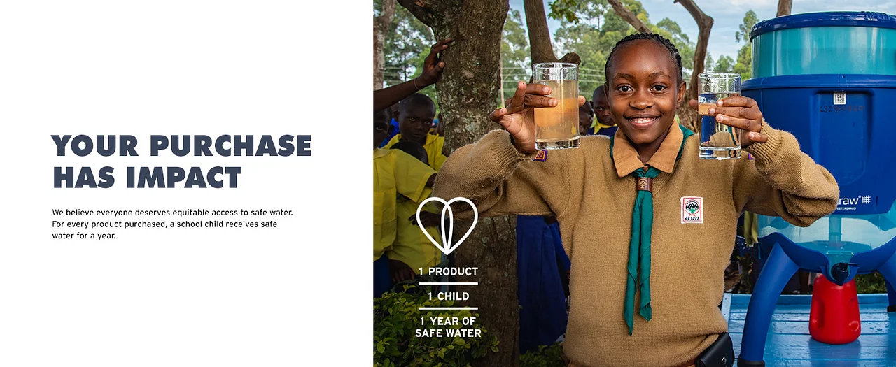 Your purchase has impact: 1 product. 1 child gets 1 full year of safe water