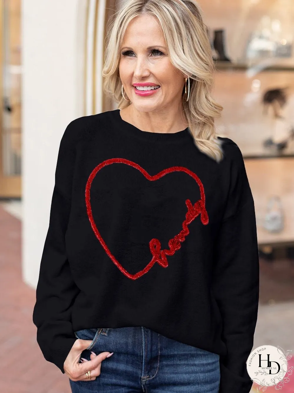 Heartfelt Black Graphic Round Neck Sweater