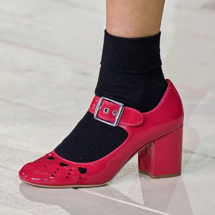 Women'S Round Toe Patent Shoes Classic Buckle Block Heels Mary Jane Pumps |FSJ Shoes