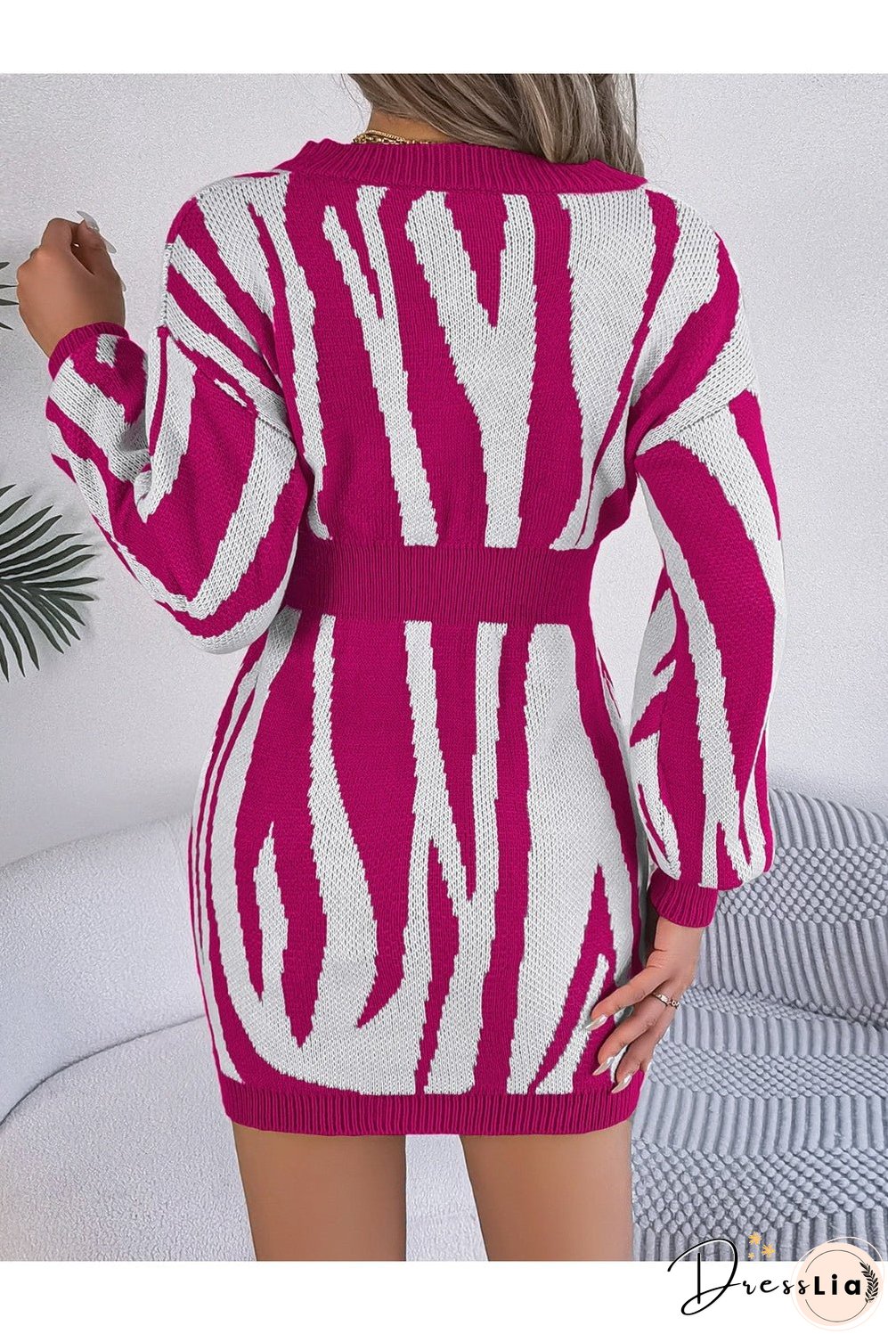 Animal Print V-Neck Long Sleeve Sweater Dress