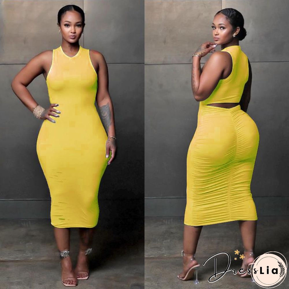 Solid Color Sleeveless Holes Draw Pleated Dresses