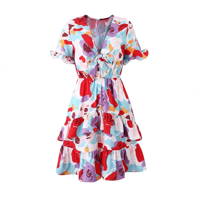 Bow Neck Floral Print Flounce Mini Dress Flaxmaker