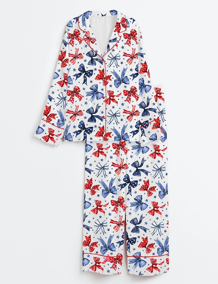 Women&rsquo;s Patriotic Bows 4th Of July Red White And Blue Ribbon Long Sleeve Satin Pajama Set