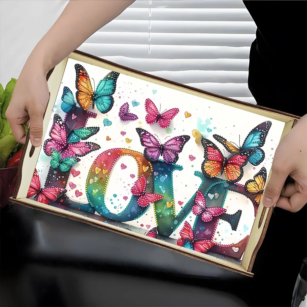 5D DIY LOVE Diamond Painting Wooden Serving Tray with Handle for Coffee Table